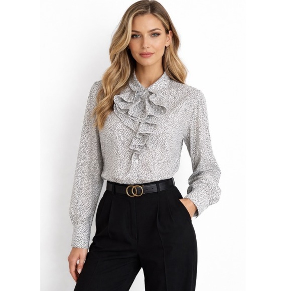 United Colors of Benetton Ruffle Floral Print Cotton Blouse Black White M 80-39
